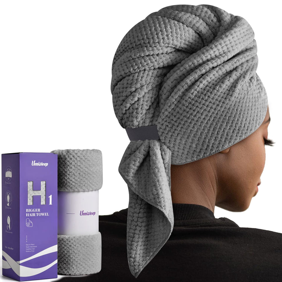Umisleep front view of grey extra large hair towel showing shape and size benefit