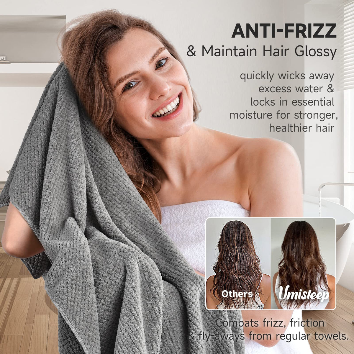 Umisleep towel wrapped on long curly hair demonstrating quick-dry convenience