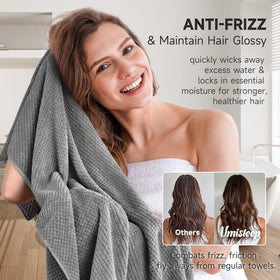Umisleep towel wrapped on long curly hair demonstrating quick-dry convenience