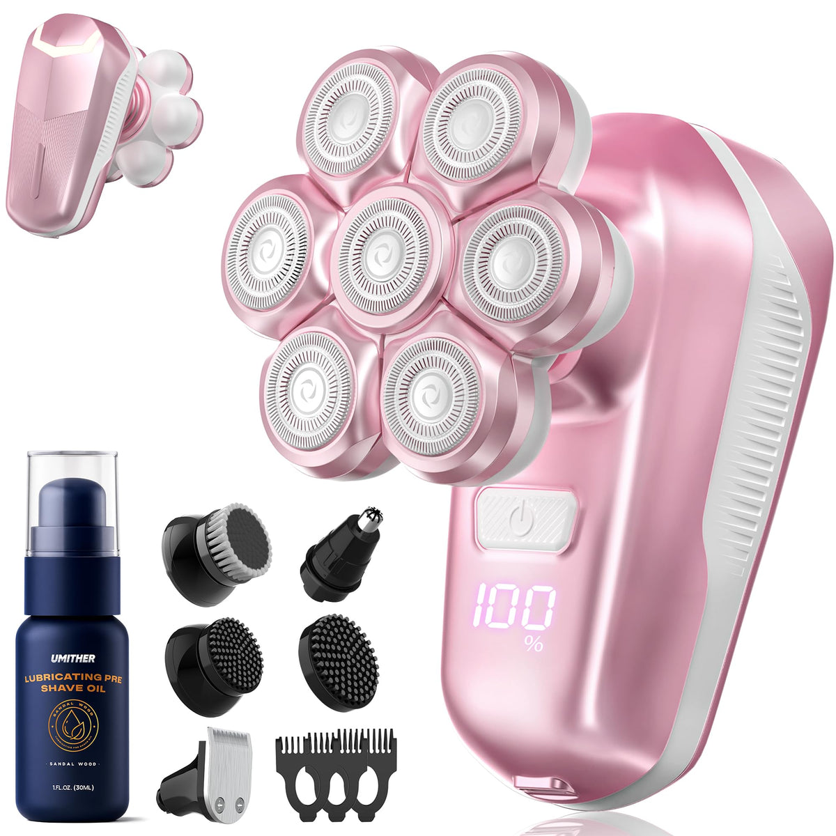umither front view electric shaver showing sleek pink design and portability