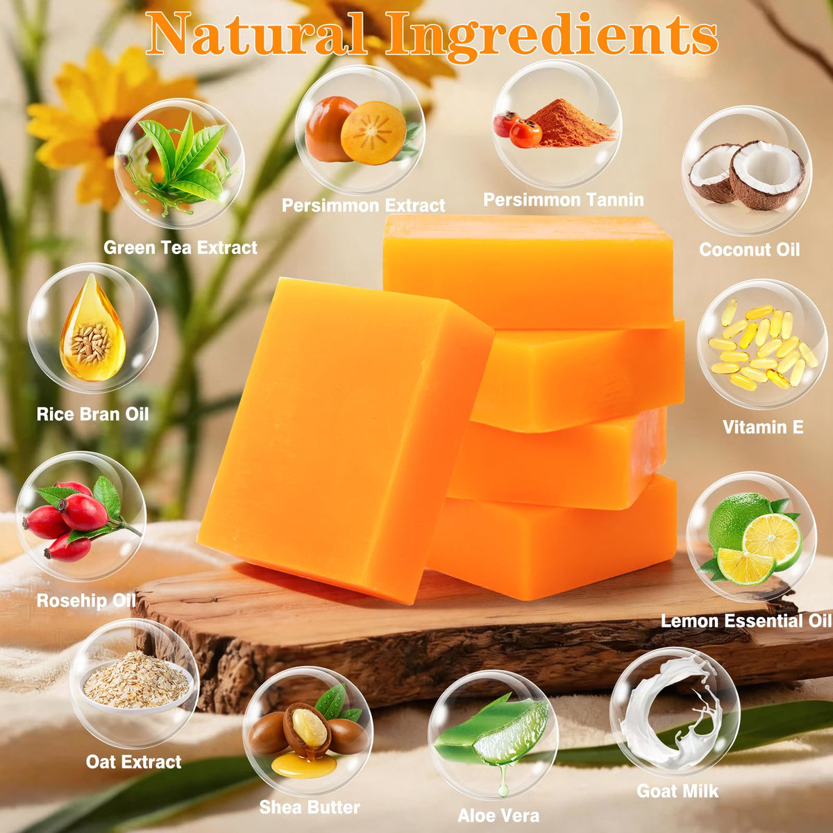 Umpeimvon ingredients display with persimmon and goat milk emphasizing natural actives