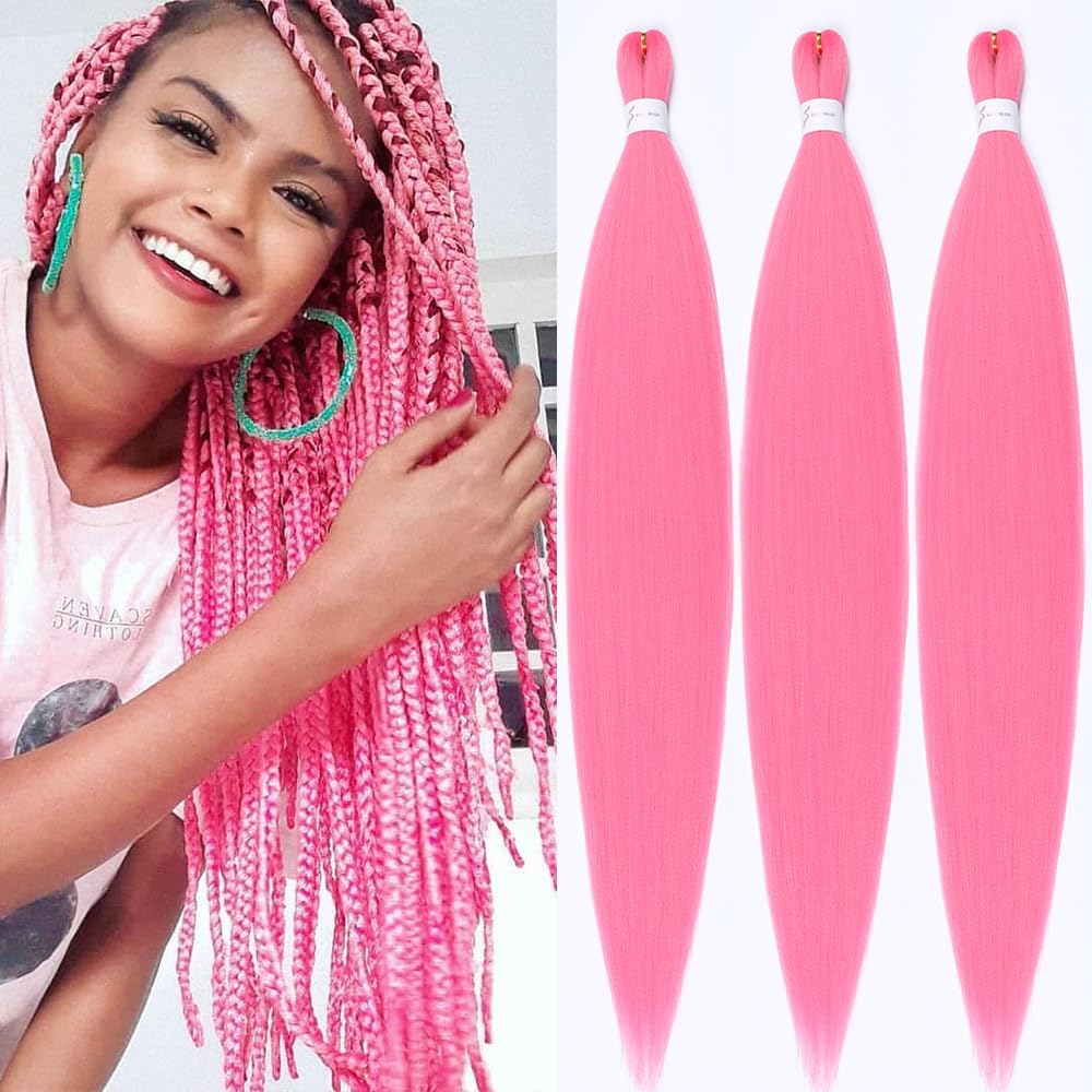 Umylar front packaging showing 32 inch pink braiding hair and benefits