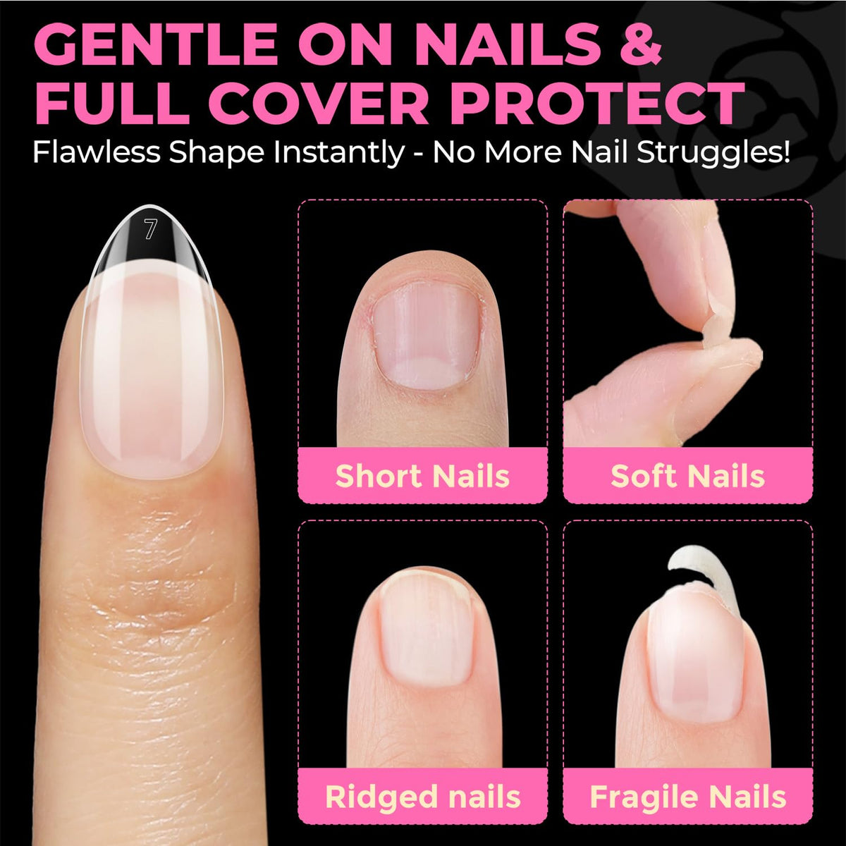 UNA GELLA acrylic overlay on a tip displaying compatibility and durable finish