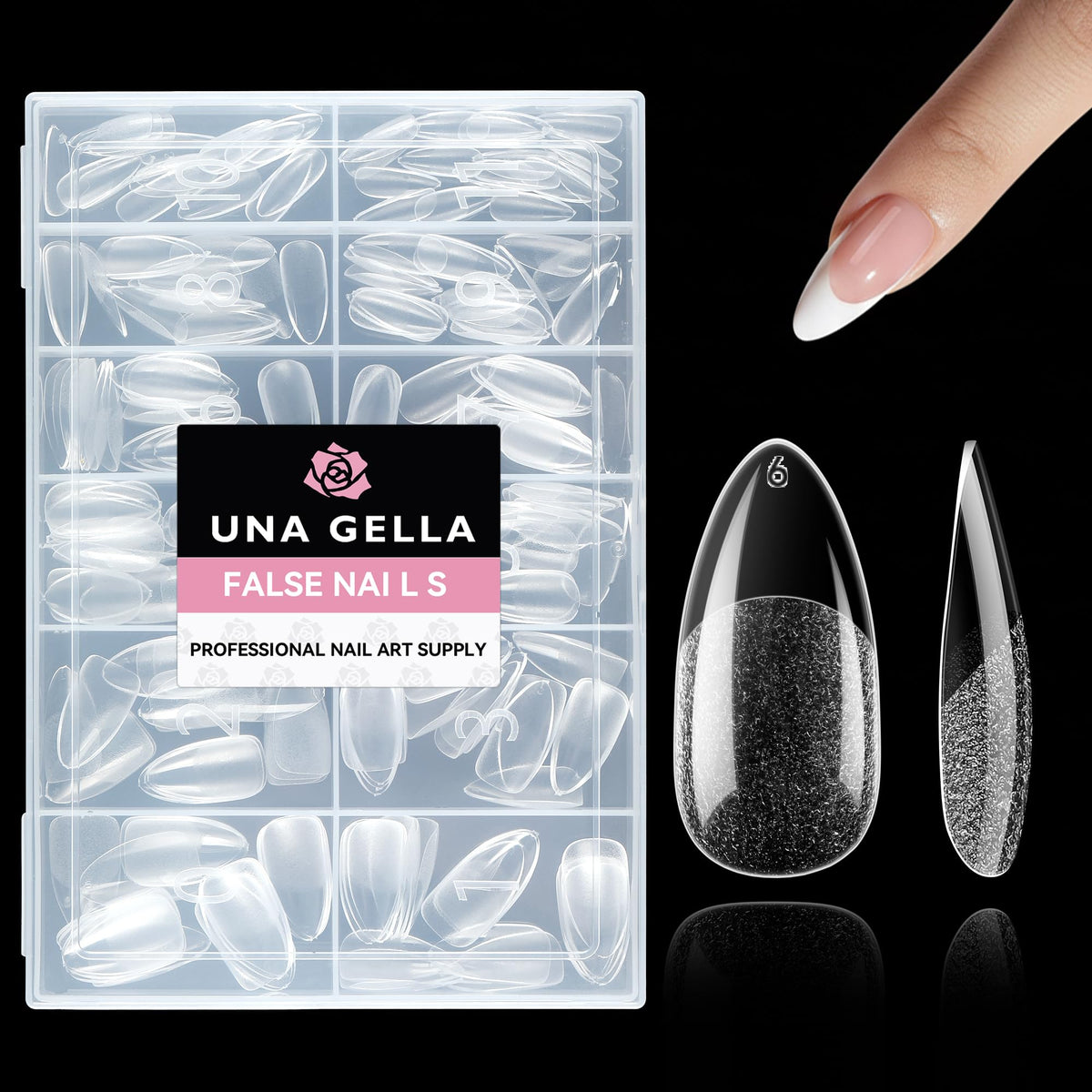 UNA GELLA front packaging showing 216-piece almond tips and easy storage benefit