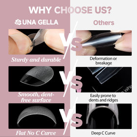UNA GELLA application demo pressing tip onto nail, highlights simple DIY installation benefit