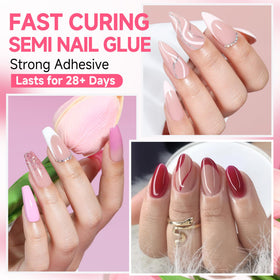 UNA GELLA application in hand pressing a tip, demonstrating quick secure bonding