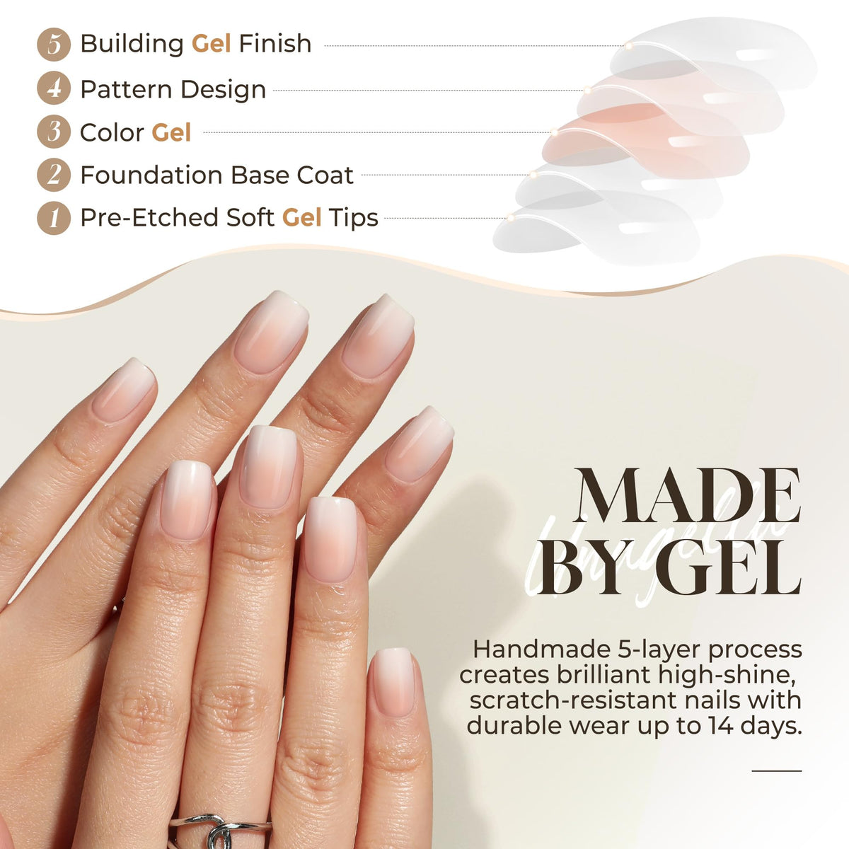 UNA GELLA application kit laid out with glue, tabs, file, and cuticle stick for easy use