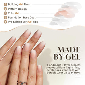 UNA GELLA application kit laid out with glue, tabs, file, and cuticle stick for easy use