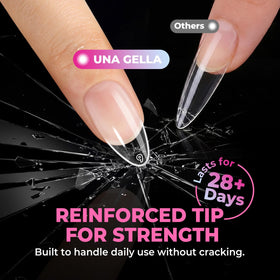 UNA GELLA tip applied on natural nail to show seamless contour and fit