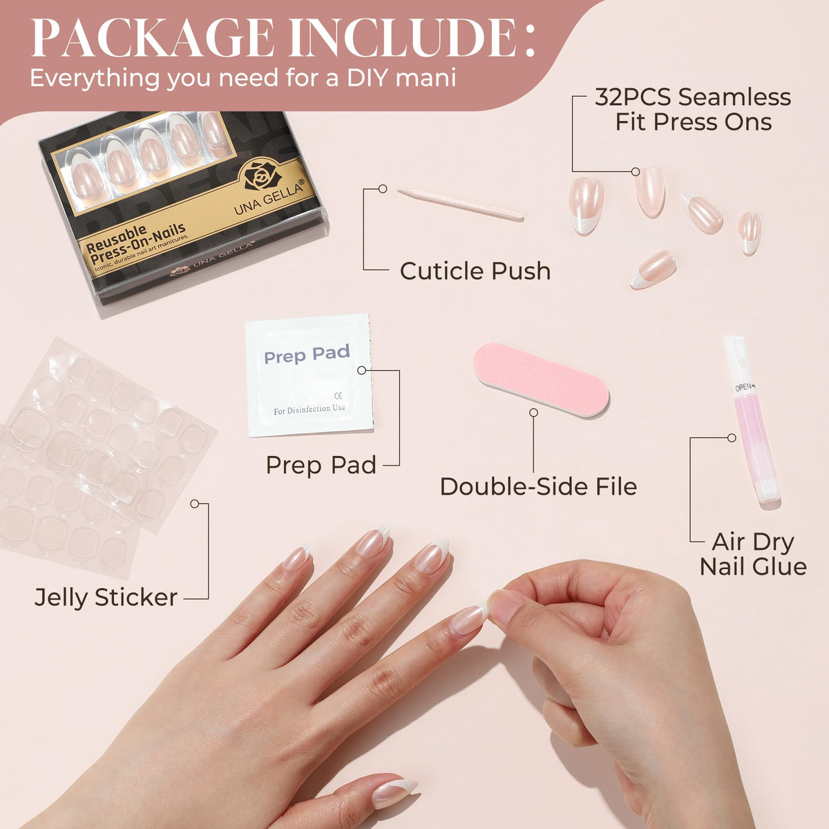 UNA GELLA application tools with glue and prep items for quick application