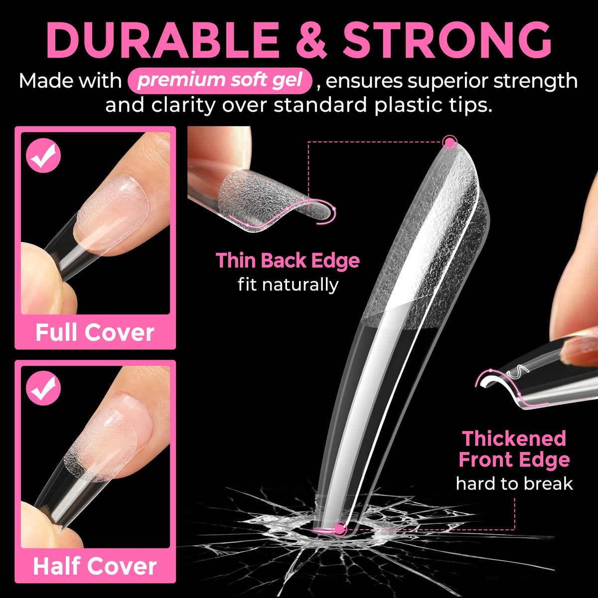 UNA GELLA application scene with glue and pressed-on tip, secure adhesion benefit
