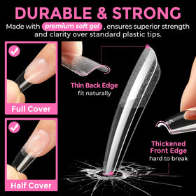 UNA GELLA application scene with glue and pressed-on tip, secure adhesion benefit