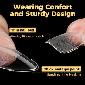 UNA GELLA press-on applied to finger, quick at-home manicure benefit