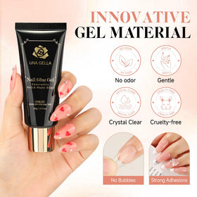 UNA GELLA cured clear tip showing bright non-yellowing finish benefit