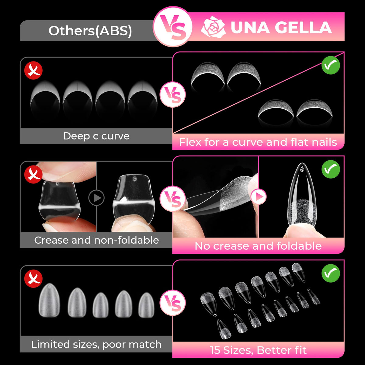 UNA GELLA clear stiletto tips applied on hand for scale and natural-looking extension