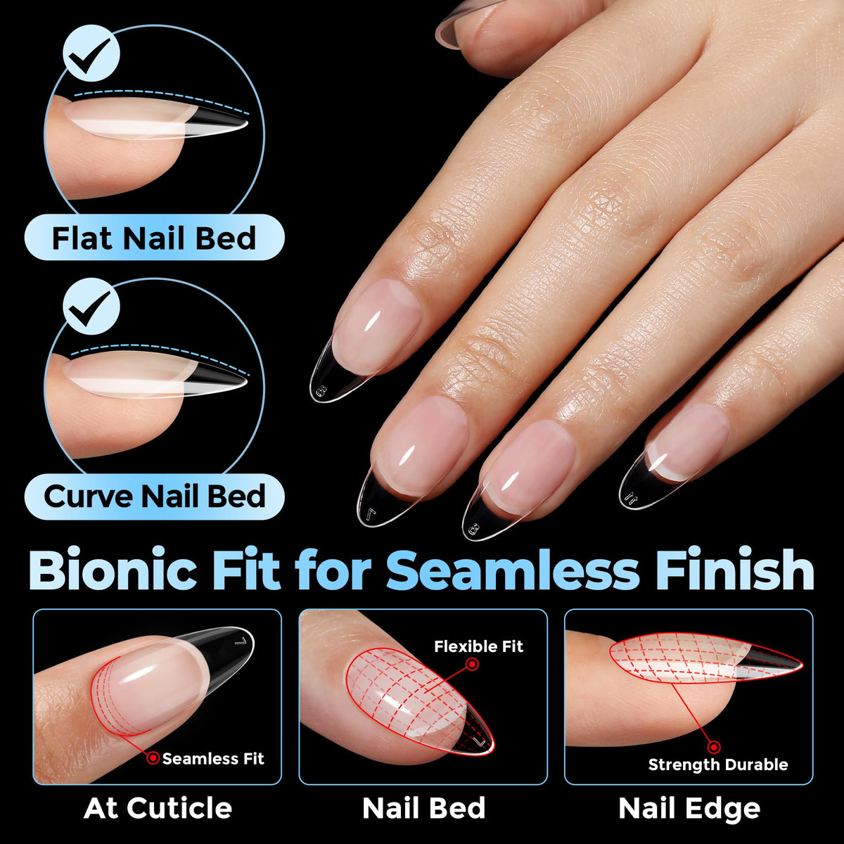 UNA GELLA clear almond tip applied on natural nail for seamless finish
