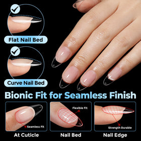 UNA GELLA clear almond tip applied on natural nail for seamless finish