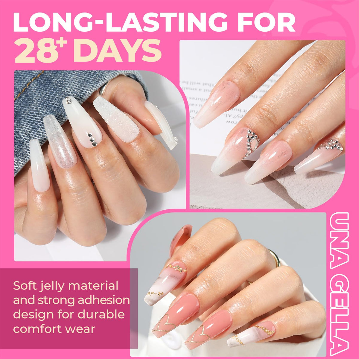 UNA GELLA close-up of clear coffin tips highlighting smooth finish and easy painting