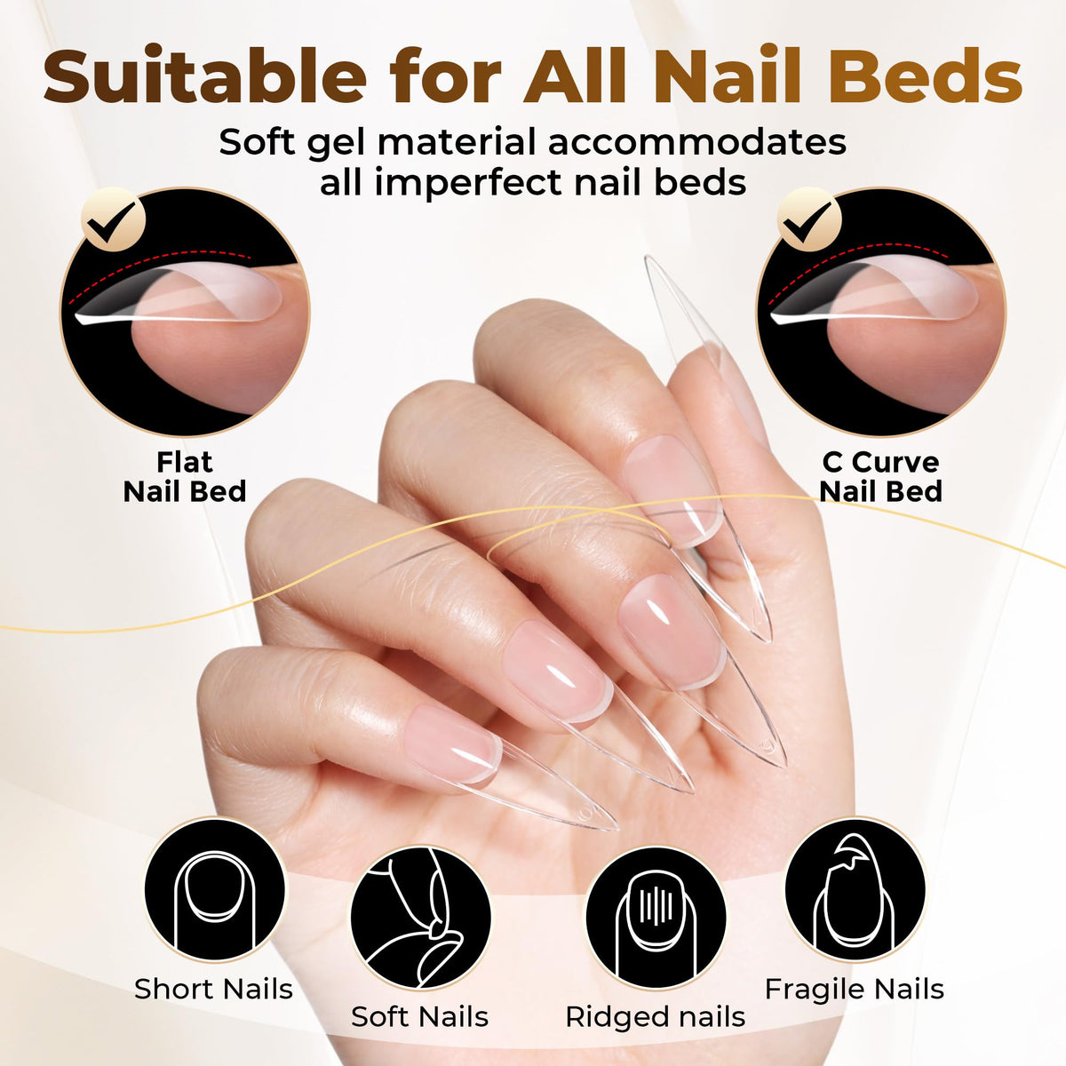 UNA GELLA clear tips applied on natural nails illustrating smooth base for polish