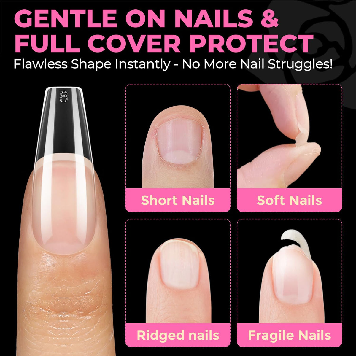 UNA GELLA tips beside natural nail for scale and precise length comparison