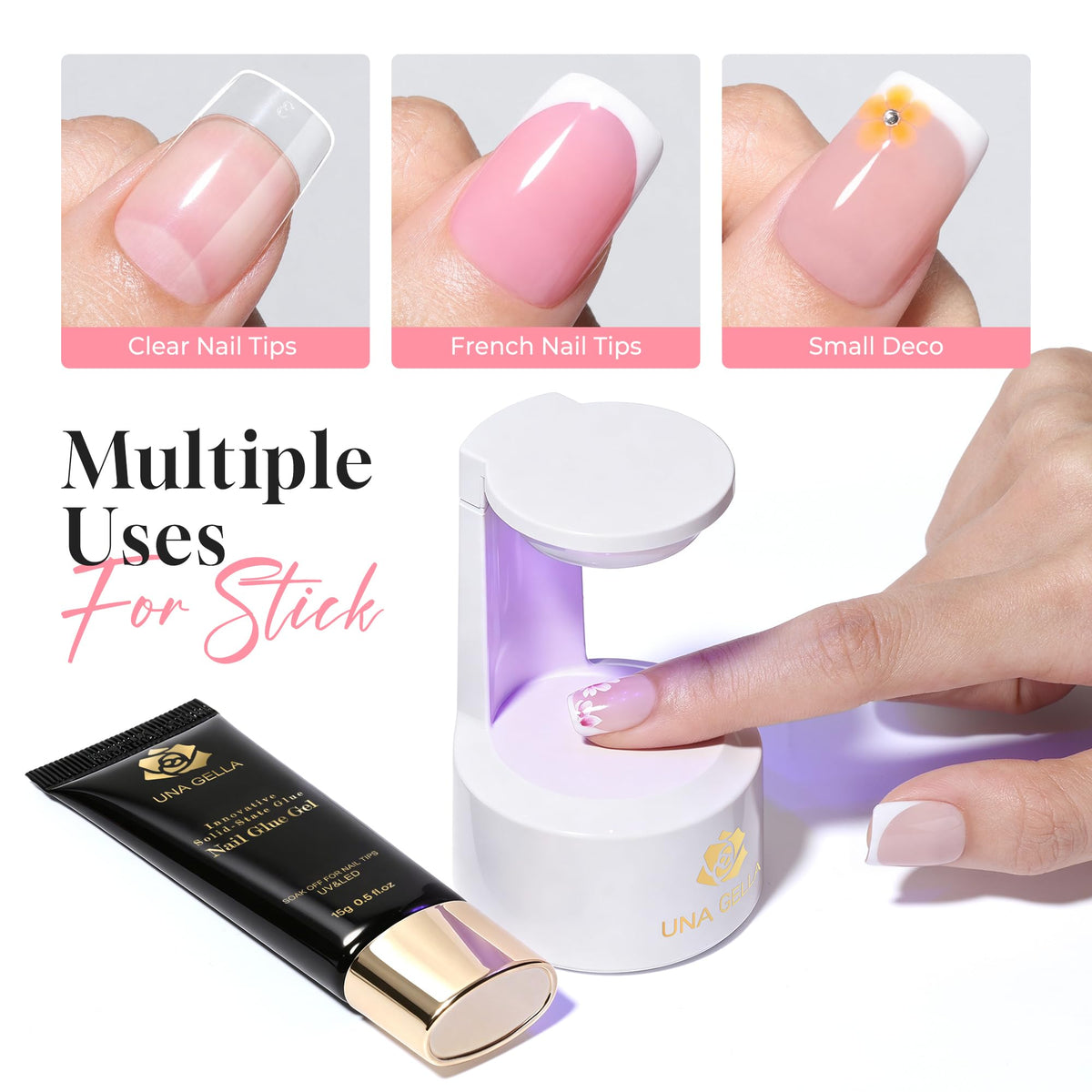 UNA GELLA curing under LED lamp to show quick 40–60 second set time