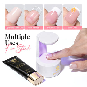 UNA GELLA cured nail finish showing clear, high-shine bond and no yellowing