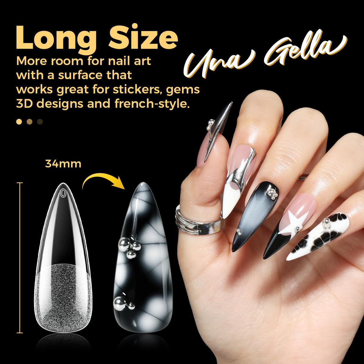 UNA GELLA finished stiletto nails on hands showing creative designs and long wear