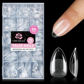 UNA GELLA front box showing almond tips and high-value kit benefit