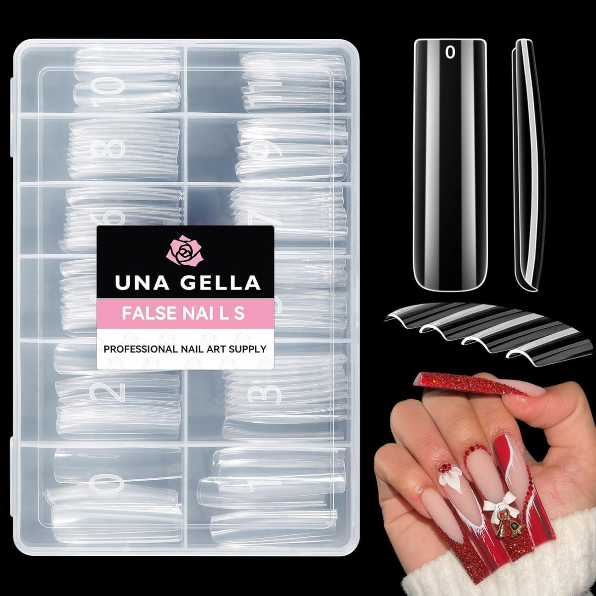UNA GELLA front box showing 120 clear XXL square tips for easy storage and selection