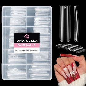UNA GELLA front box showing 120 clear XXL square tips for easy storage and selection