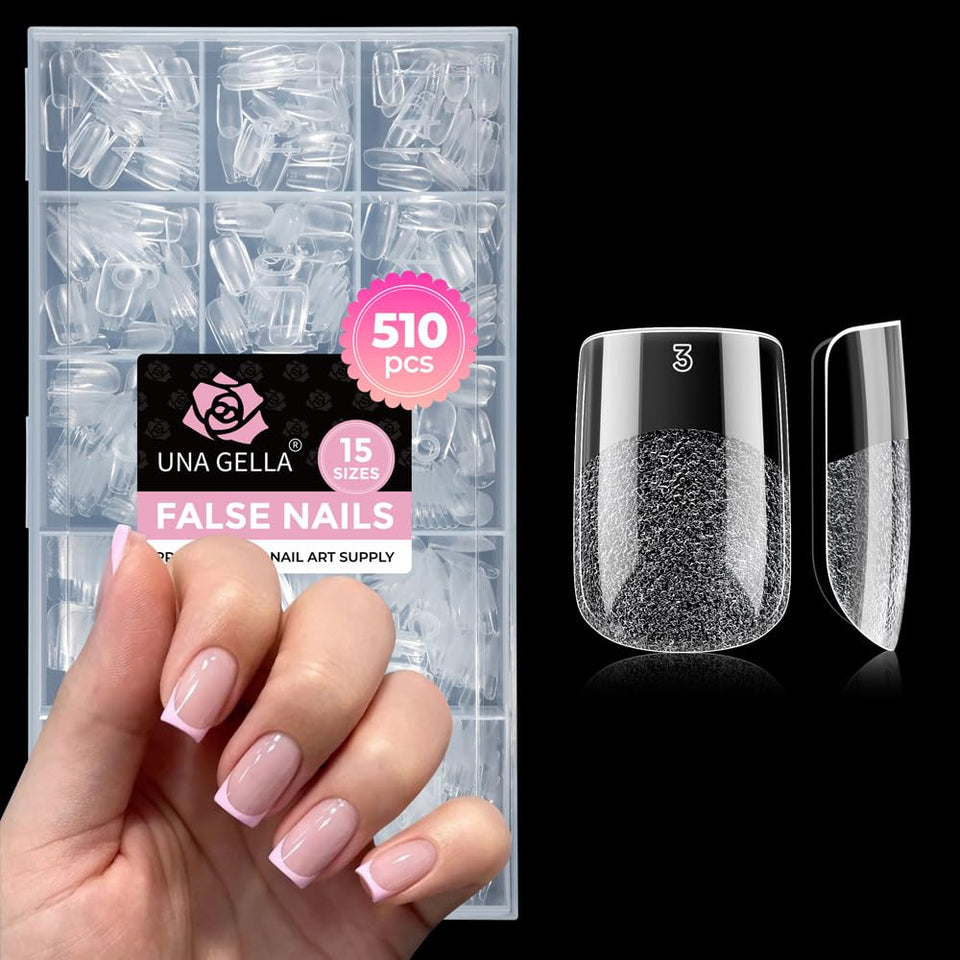 UNA GELLA front box and clear short square tips, showing large bulk supply benefit
