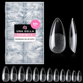 UNA GELLA front package showing 504 clear almond gel tips for fast DIY manicures