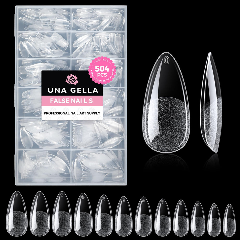 UNA GELLA front package showing 504 clear almond gel tips for fast DIY manicures