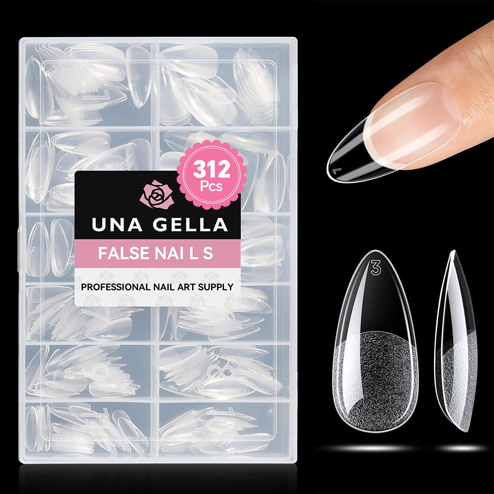 UNA GELLA front packaging showing 312 almond gel tips and benefits