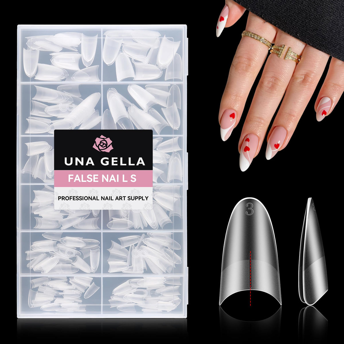 UNA GELLA front packaging showing 504pcs almond gel tips for easy set selection