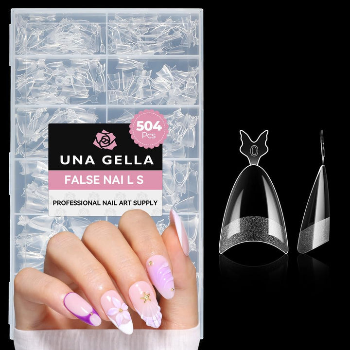 UNA GELLA front packaging showing 504 almond gel tips and quick selection benefit