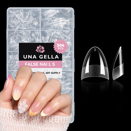 UNA GELLA front packaging showing 504-piece almond gel tips and quick selection benefit
