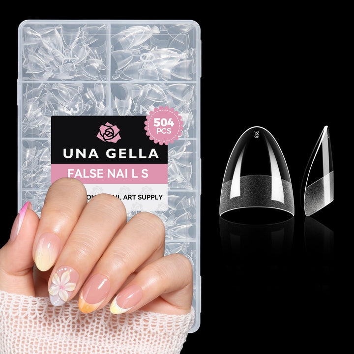 UNA GELLA front packaging showing 504-piece almond gel tips and quick selection benefit