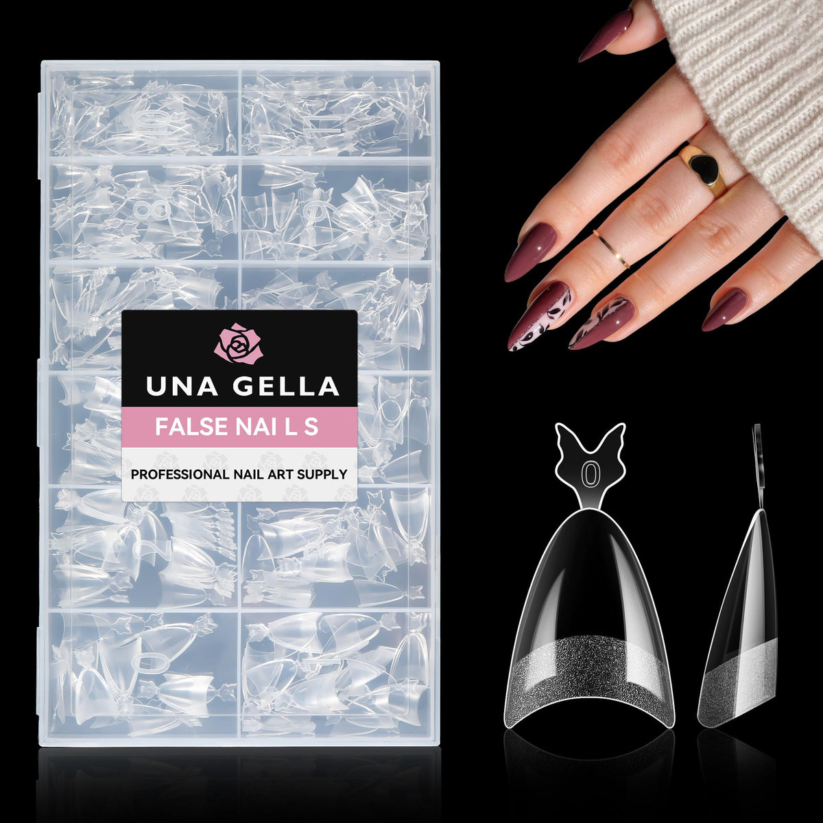 UNA GELLA front packaging showing 312 almond tips and organized compartments