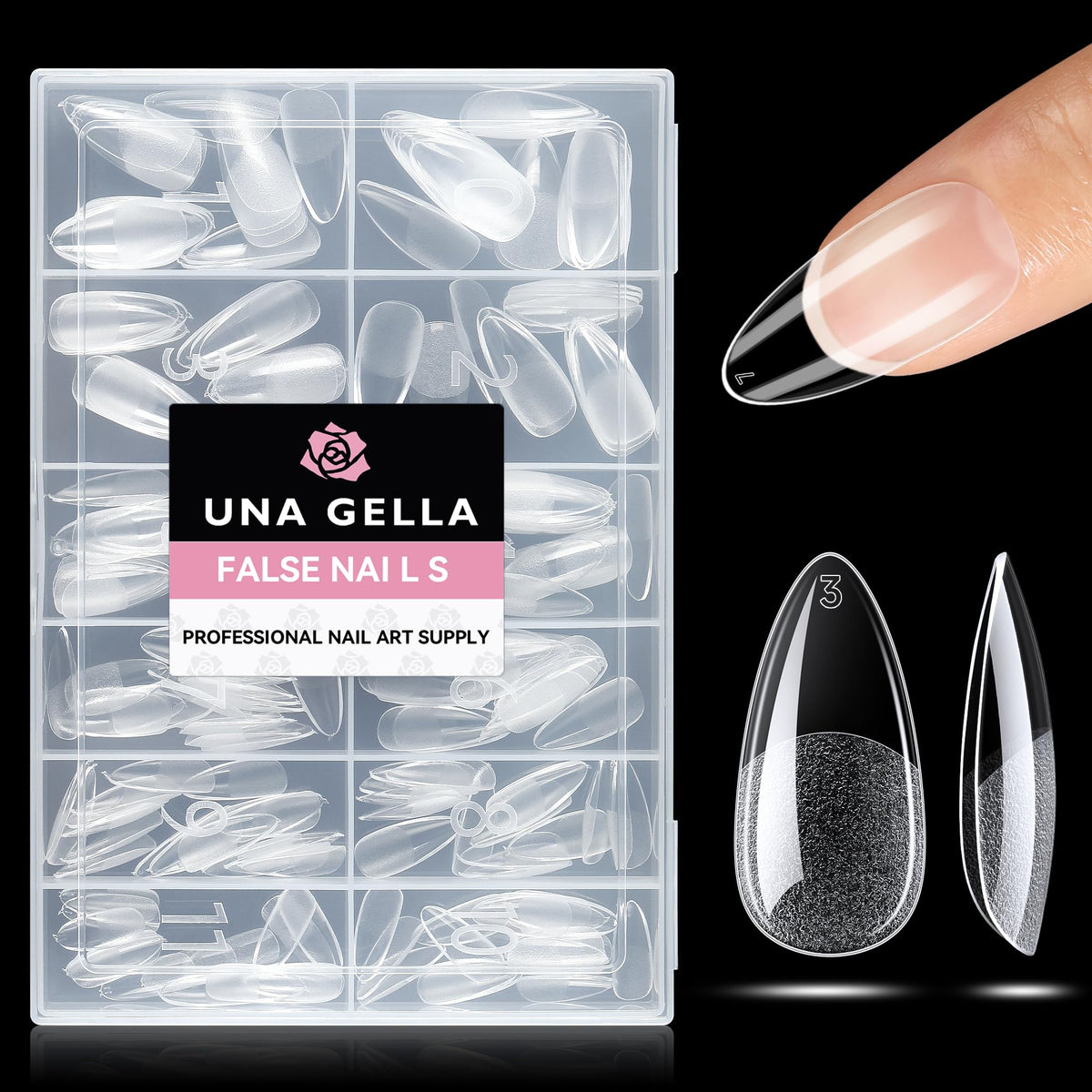 UNA GELLA front packaging showing 216-piece almond tips and quick application benefit