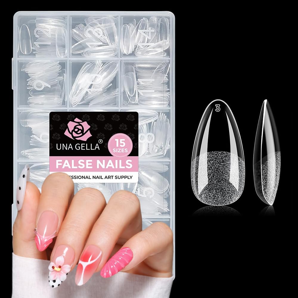 UNA GELLA front packaging showing almond nail tips and set benefit