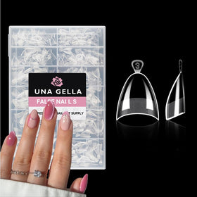 UNA GELLA front packaging of 504 almond gel nail tips showing kit contents and benefit