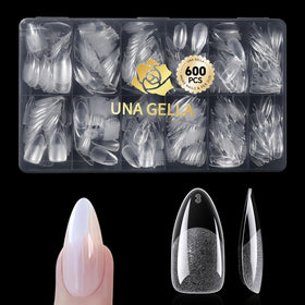 UNA GELLA front packaging showing 600-piece almond tips, fast application benefit