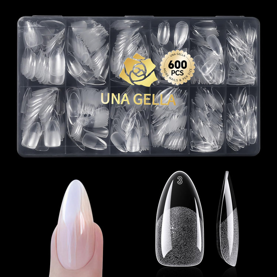 UNA GELLA front packaging showing 600-piece almond tips, fast application benefit