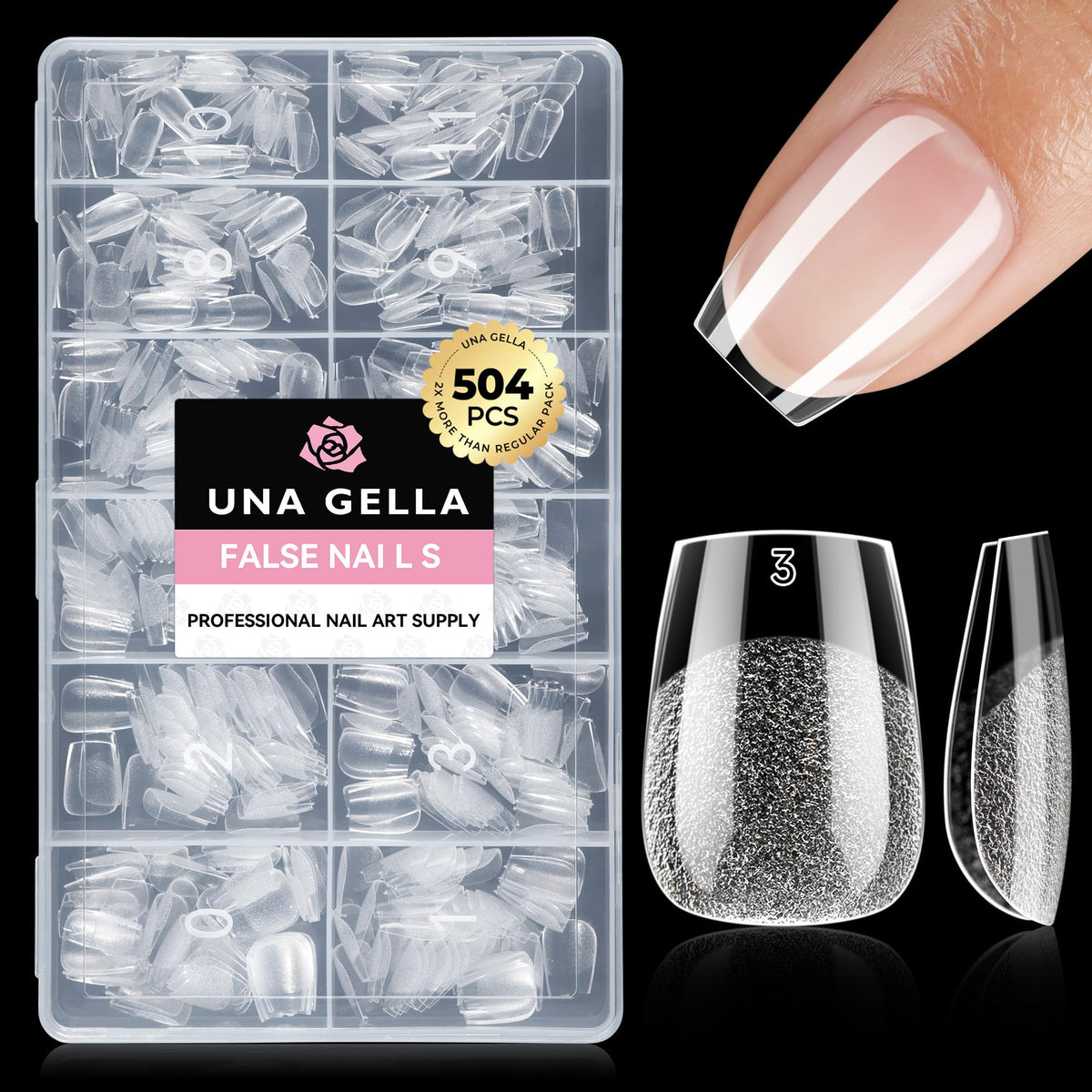 UNA GELLA front packaging showing clear coffin tips and bulk quantity benefit