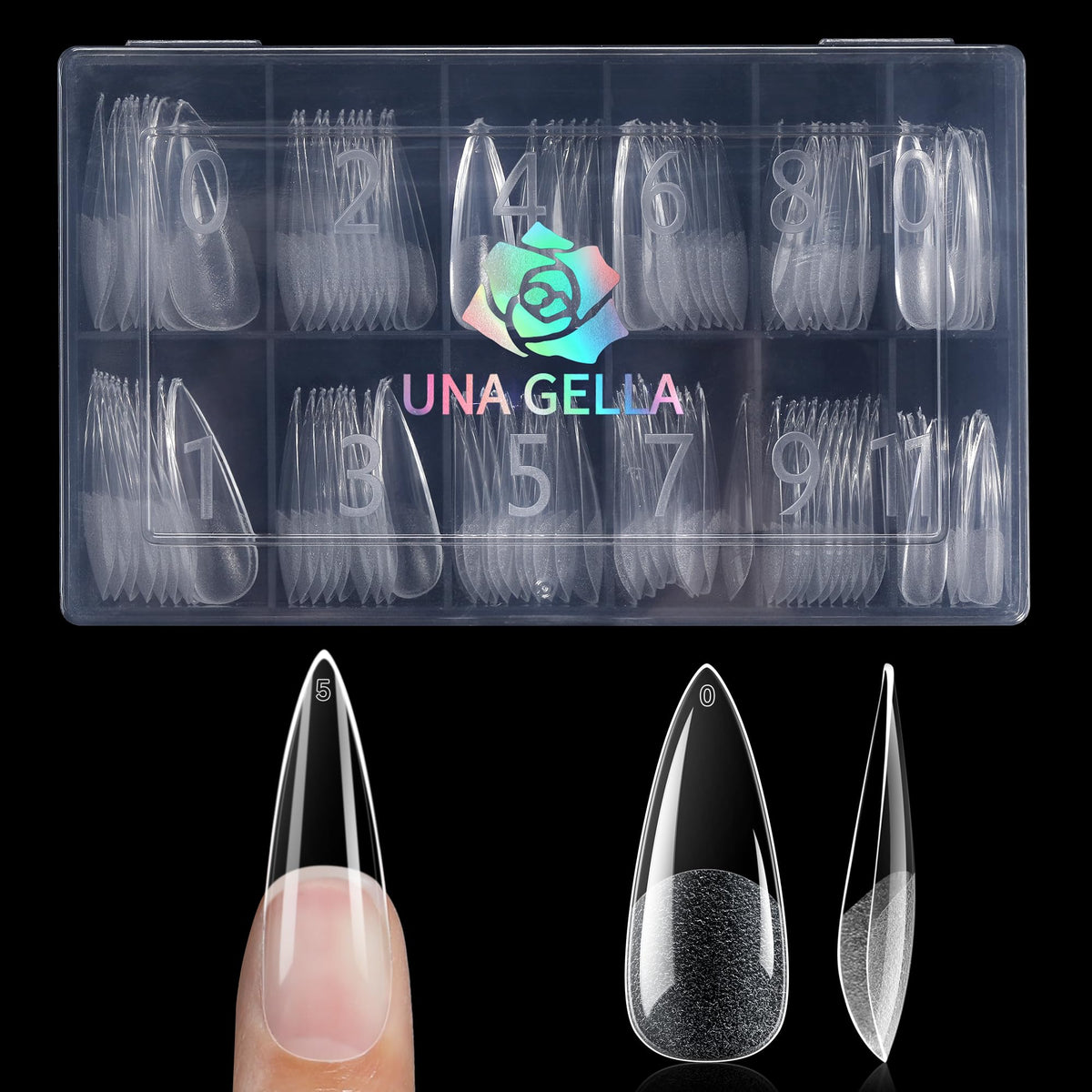 UNA GELLA front packaging showing 120 clear stiletto tips and organized box for convenience