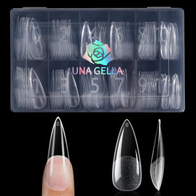 UNA GELLA front packaging showing 120 clear stiletto tips and organized box for convenience