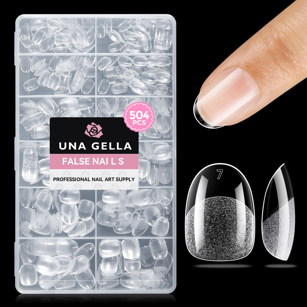 UNA GELLA front packaging showing clear pre-shaped tips for quick DIY manicures