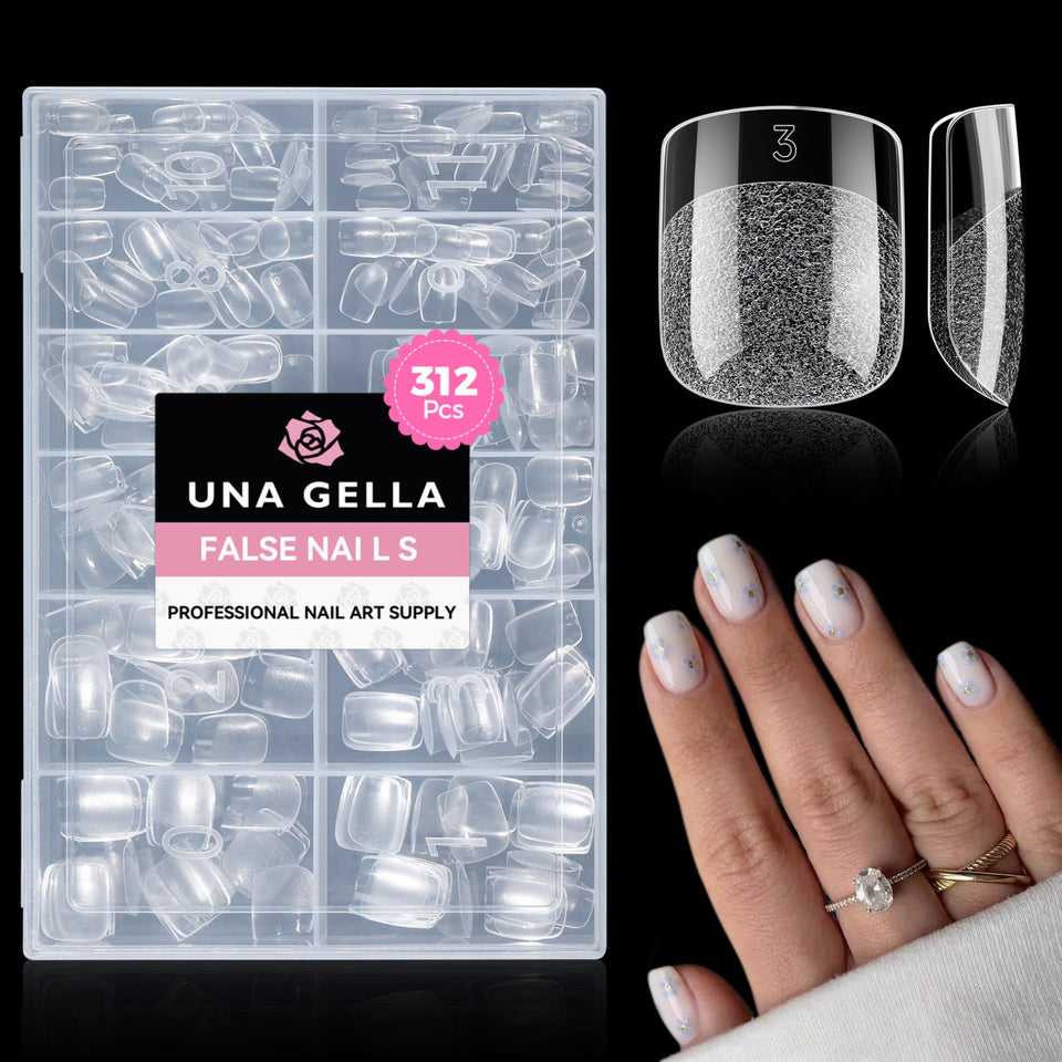 UNA GELLA front packaging showing clear squoval tips and convenience