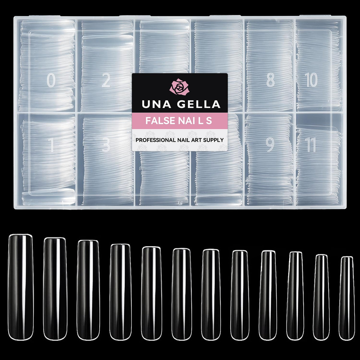 UNA GELLA front packaging showing full 504-piece kit and clear tips benefit quick selection
